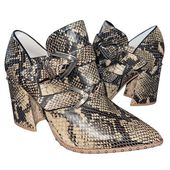 Gianni Bini Shoes - Snakeskin Boots Block Heel Buckle Studs Point Toe